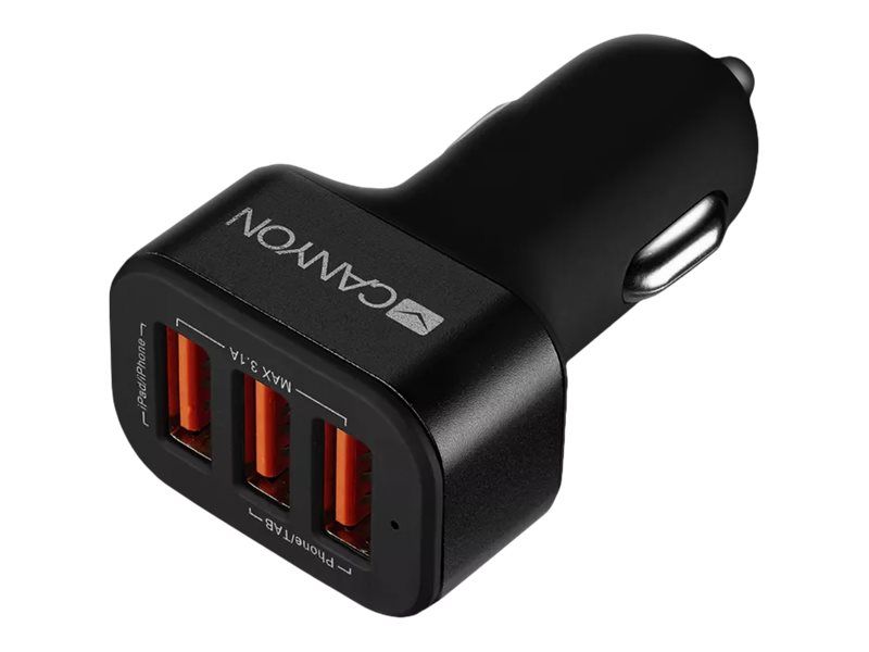 CANYON C-06 Universal 3xUSB car adapter, Input 12V-24V, Output 5V-3.1A, black rubber coating+black metal ring (side with USB is in plastic), 66*35.2*25.1mm, 0.025kg