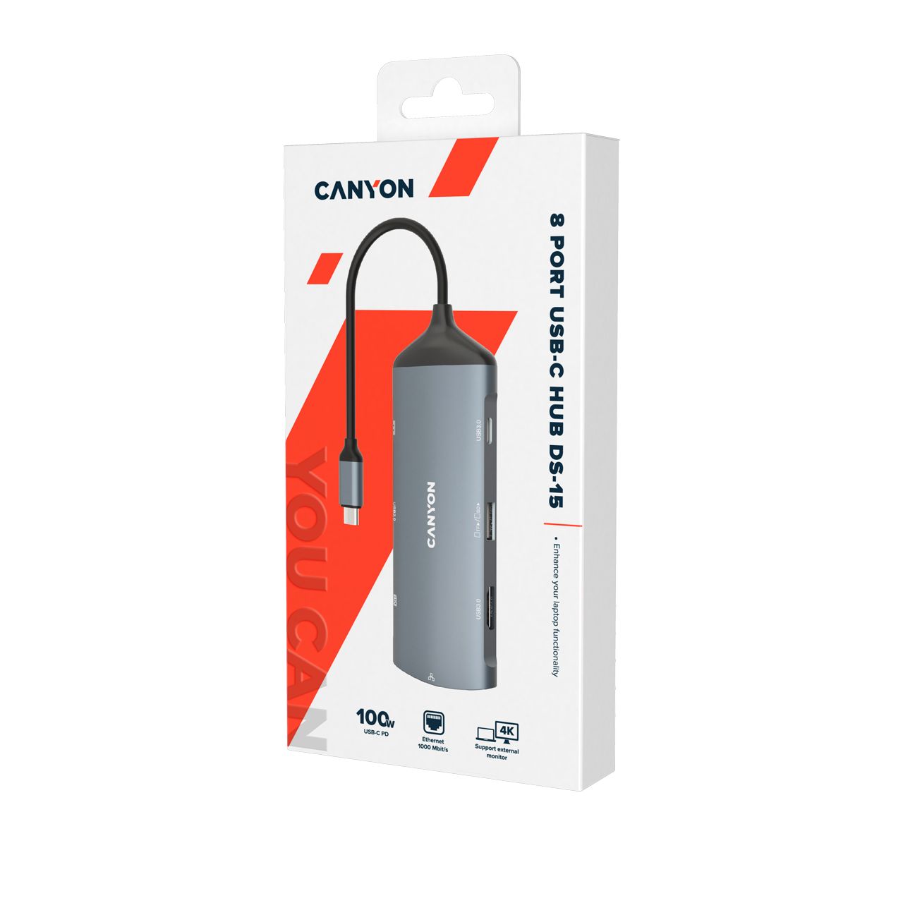 CANYON 8 in 1 hub, with 1*HDMI,1*Gigabit Ethernet,1*USB C female:PD3.0 support max60W,1*USB C male :PD3.0 support max100W,2*USB3.1:support max 5Gbps,1*USB2.0:support max 480Mbps, 1*SD, cable 15cm, Aluminum alloy housing,133.24*48.7*15.3mm,Dark grey_2