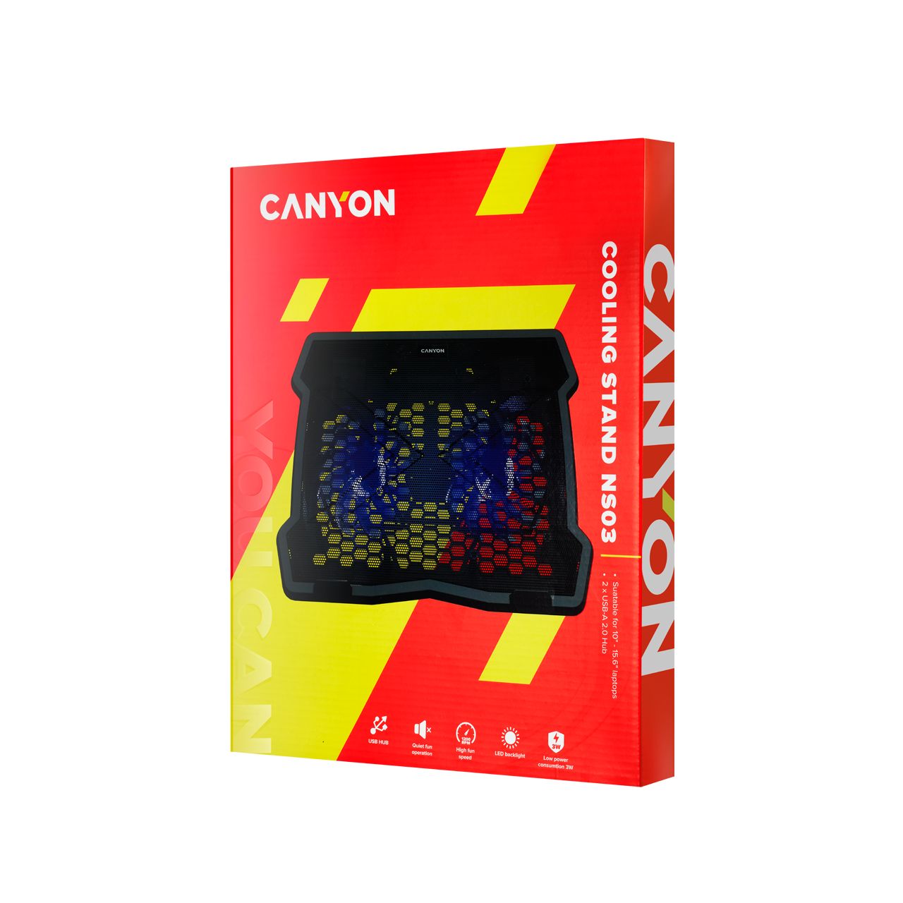 CANYON Cooling stand dual-fan with 2x2.0 USB hub, support up to 10”-15.6” laptop, ABS plastic and iron, Fans dimension:125*125*15mm(2pcs), DC 5V, fan speed: 800-1000RPM, size:340*265*30mm, 435g