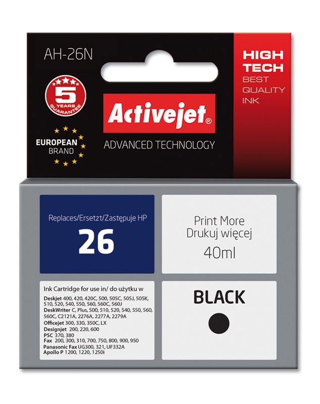 Activejet AH-26N ink for HP printer, HP 26 51626A replacement Supreme 40 ml black
