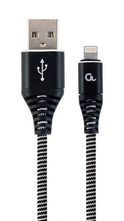 CABLU alimentare si date GEMBIRD, pt. smartphone, USB 2.0 (T) la Lightning (T), 1m, premium, cablu cu impletire din bumbac, negru cu insertii albe,  CC-USB2B-AMLM-1M-BW  (include TV 0.06 lei)
