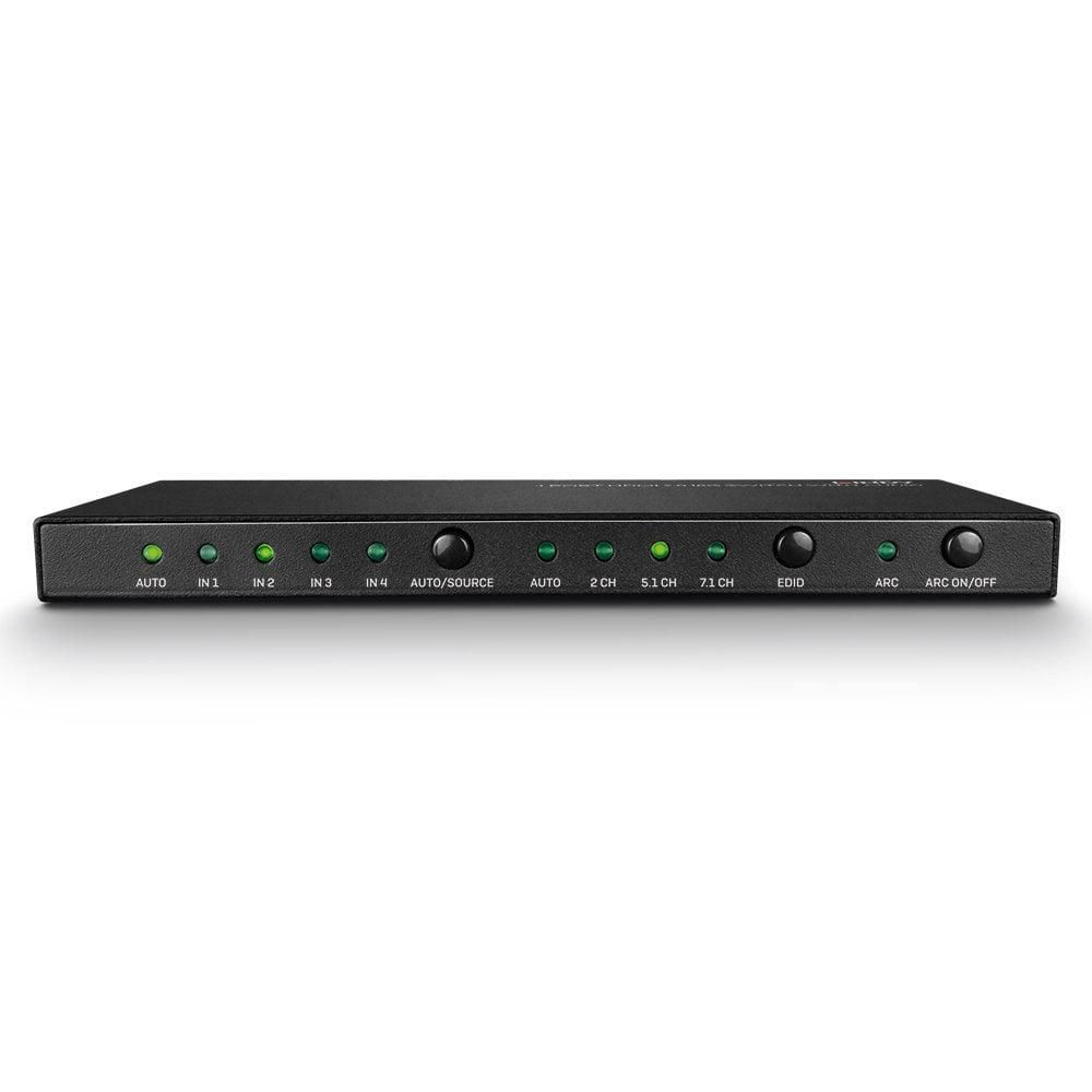 Lindy 4 Port HDMI 18G Switch with Audio  Technical details  Specifications  AV Interface: HDMI Interface Standard: HDMI 2.0 Supports Bandwidth: 18Gbps Maximum Resolution: 3840x2160@60Hz 4:4:4 8bit HDCP Support: 2.2 Supported Audio: Audio Pass-through, Analogue 2CH, Up to 5.1CH (Optical) Separate_1