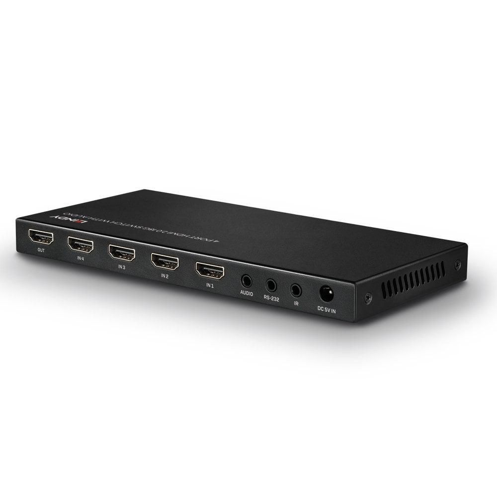 Lindy 4 Port HDMI 18G Switch with Audio  Technical details  Specifications  AV Interface: HDMI Interface Standard: HDMI 2.0 Supports Bandwidth: 18Gbps Maximum Resolution: 3840x2160@60Hz 4:4:4 8bit HDCP Support: 2.2 Supported Audio: Audio Pass-through, Analogue 2CH, Up to 5.1CH (Optical) Separate_2