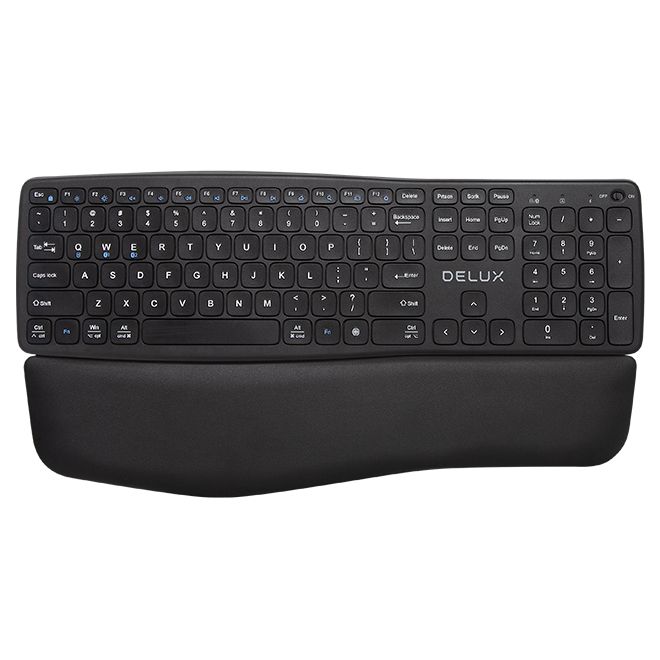 TASTATURA DELUX, wireless, 2.4GHz + BT 2 canale, 106 taste, ergonomica, multimedia, palmrest, ac. 210mAh Li-polimer, USB-C, negru,  GM908CV-BK  (include TV 0.8lei)