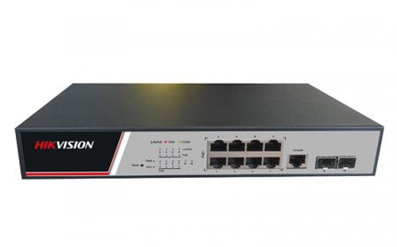 Switch Hikvision DS-3E2510P(B), Switching Capacity 336 Gbps, 8 Gigabit Poe electrical ports and 2 Gigabit / 100M SFP optical ports, Address Table 8 K, Support binding of IP, MAC, port and VLAN, dimensiuni: 280 mm × 44 mm × 180 mm, temperatura de functionare: -10°C to 50°C, greutate:1.2Kg