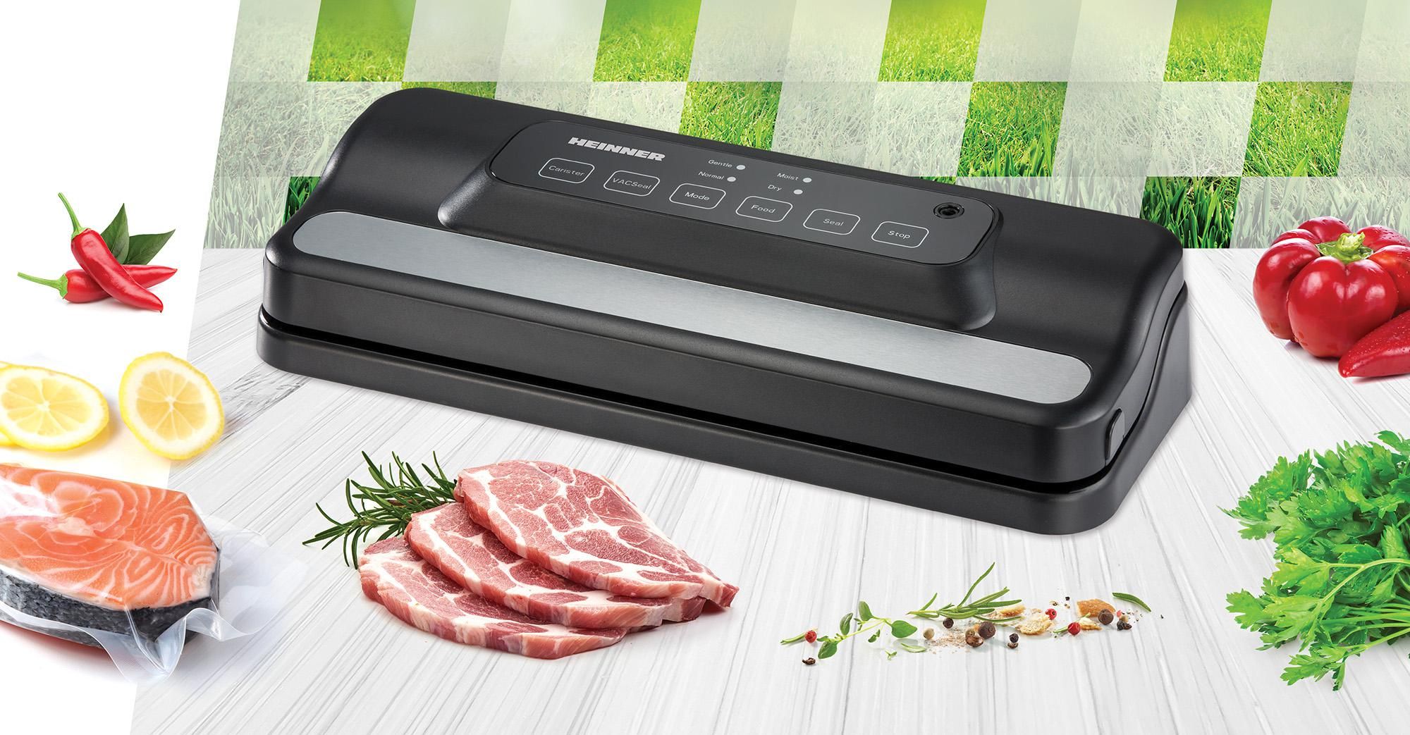 Aparat de vidat Heinner HAV-E110BKSL, vidare si sigilare, vidare uscata si umeda, functie sigilare, vidare caserole, control Touch, doua moduri: nromal/delicat, rola pungi 20x200mm inclusa, 5 pungi individuale 20x30 cm incluse, furtun pentru vidare caserole, cutter incorporat, comptaibil cu pungi