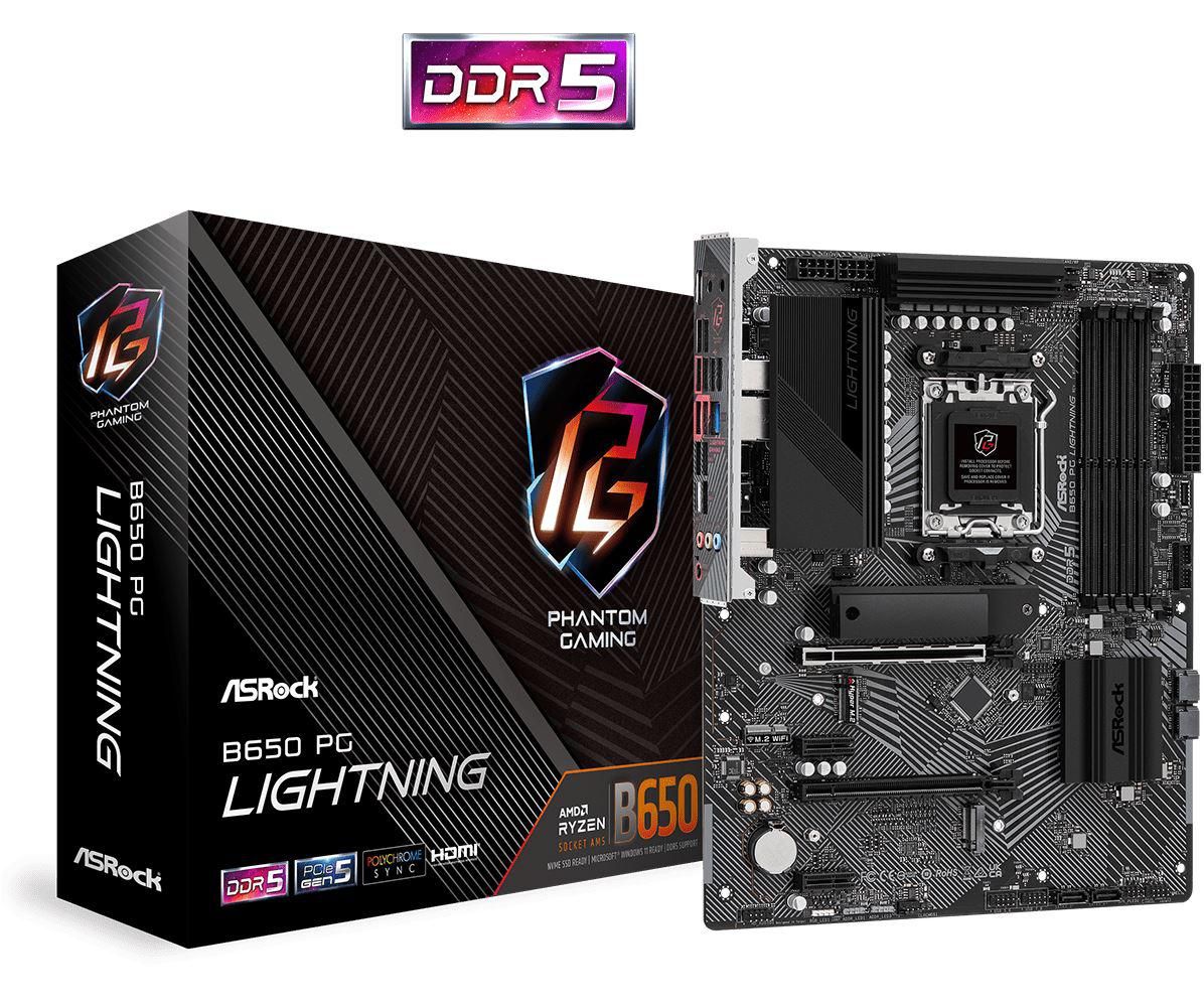 Placa de baza AsRock B650 PG Lightning AM5  Supports AMD Ryzen™ 7000 Series Processors 14+2+1 Phase Power Design, SPS 4 x DDR5 DIMMs, supports up to 6400+(OC) 1 PCIe 4.0 x16, 1 PCIe 4.0 x16, 2 PCIe 4.0 x1, 1 M.2 Key-E for WiFi Graphics Output Options: 1 HDMI 7.1 CH HD Audio (Realtek ALC897 Audio_2