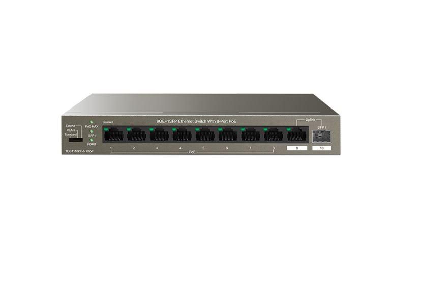 Tenda switch TEG1110PF-8-102W, 9GE+1SFP Ethernet Switch, 8-Port PoE, interfata: 8 * 10/100/1000 Mbps Base-T Ethernet ports (Data/Power), 1 * 10/100/1000 Mbps Base-T Ethernet port (Data), 1 * 100/1000 Mbps Base-X SFP port, standarde retea: IEEE 802.3 IEEE 802.3u, IEEE 802.3ab, IEEE 802.3x, IEEE_2