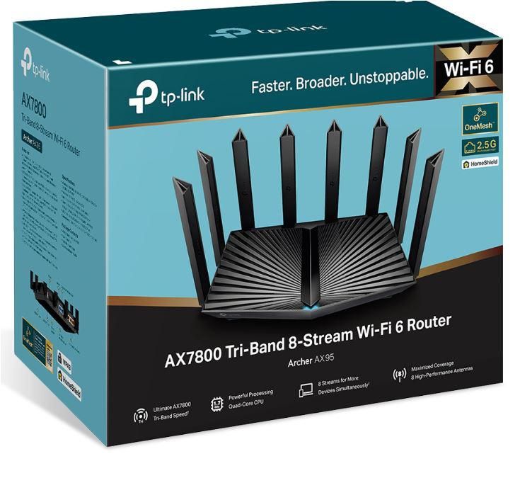 ROUTER TP-LINK wireless 7800Mbps, 1 2.5 Gbps WAN/LAN port + 1 1 Gbps WAN/LAN port + 3 Gigabit LAN ports + 2 USB, 2.4 Ghz/5 Ghz dual band, 8 antene externe, WI-FI 6 