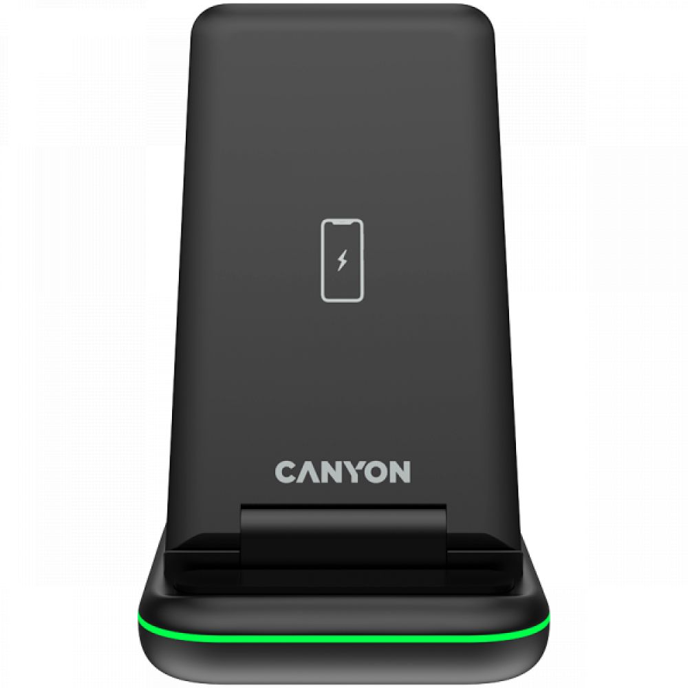 CANYON  WS- 304 Foldable  3in1 Wireless charger, with touch button for Running water light, Input 9V/2A,  12V/1.5AOutput 15W/10W/7.5W/5W, Type c to USB-A cable length 1.2m, with QC18W EU plug,132.51*75*28.58mm, 0.168Kg, Black_1