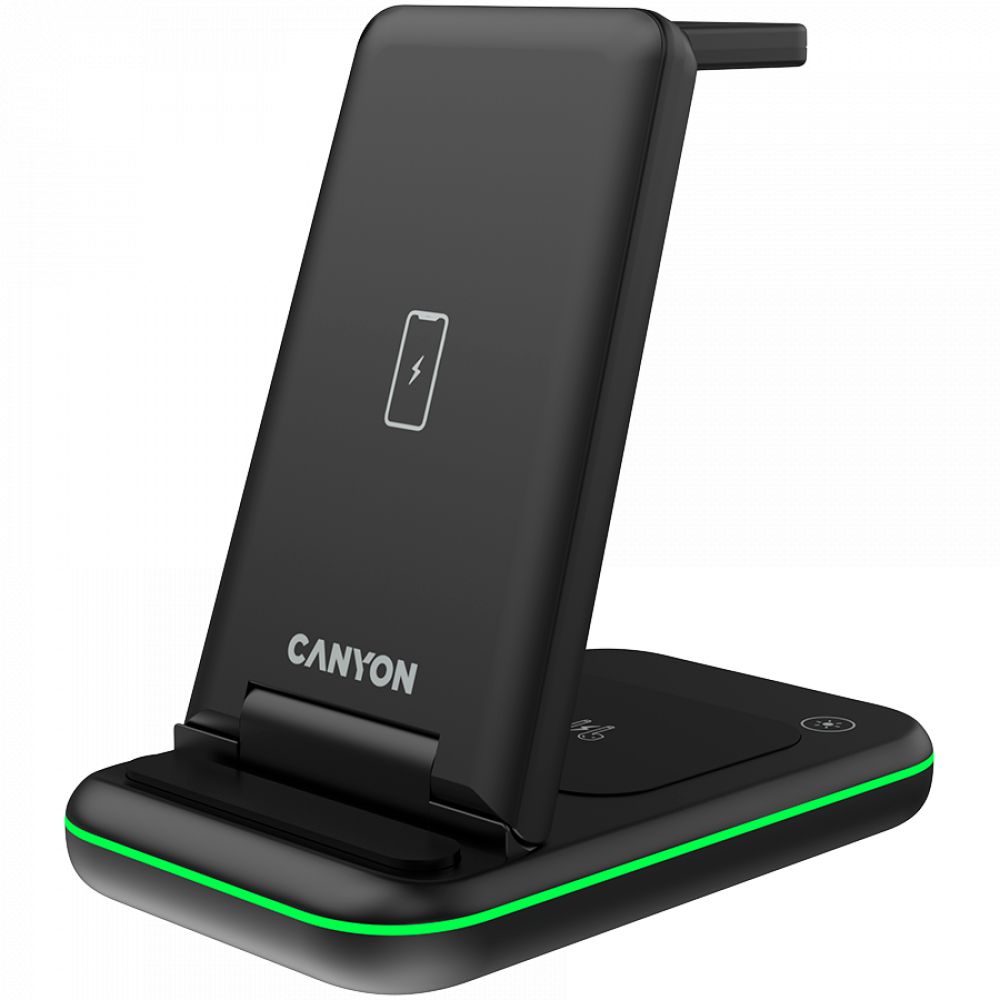 CANYON  WS- 304 Foldable  3in1 Wireless charger, with touch button for Running water light, Input 9V/2A,  12V/1.5AOutput 15W/10W/7.5W/5W, Type c to USB-A cable length 1.2m, with QC18W EU plug,132.51*75*28.58mm, 0.168Kg, Black_2