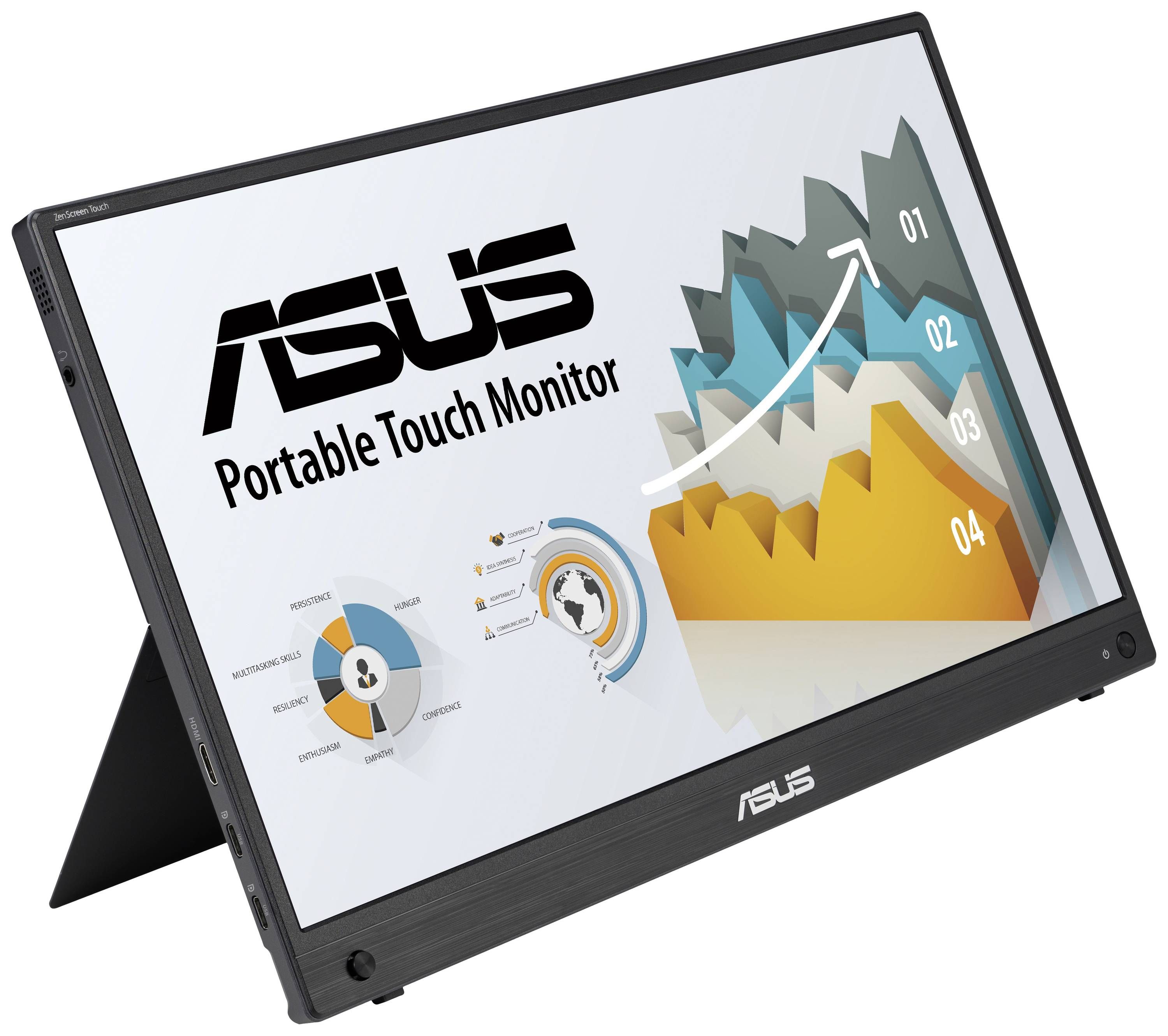 ASUS ZenScreen Touch MB16AHT portable monitor — 15.6-inch FHD (1920 x 1080), IPS, aspect ratio: 16:9, brightness: 250cd/cm2, contrast: 700:1, response time: 5ms(GtG), refresh rate: 60Hz, 10-point touch, USB-C x 2 (DP Alt Mode), Earphone Jack, Mini-HDMI, ergo kickstand, tripod socket, ASUS Flicker