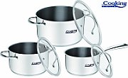  6 PIECE STAINLESS STEEL COOKING SET, ANNA
16x9.5 cm casserole+lid, 1.8L
20x11.5 cm pot+lid, 3.5L
24x13.5 cm pot+lid, 6L
Material: stainless steel + heat-resistant glass lid
5-layer encapsulated base with Induction 
