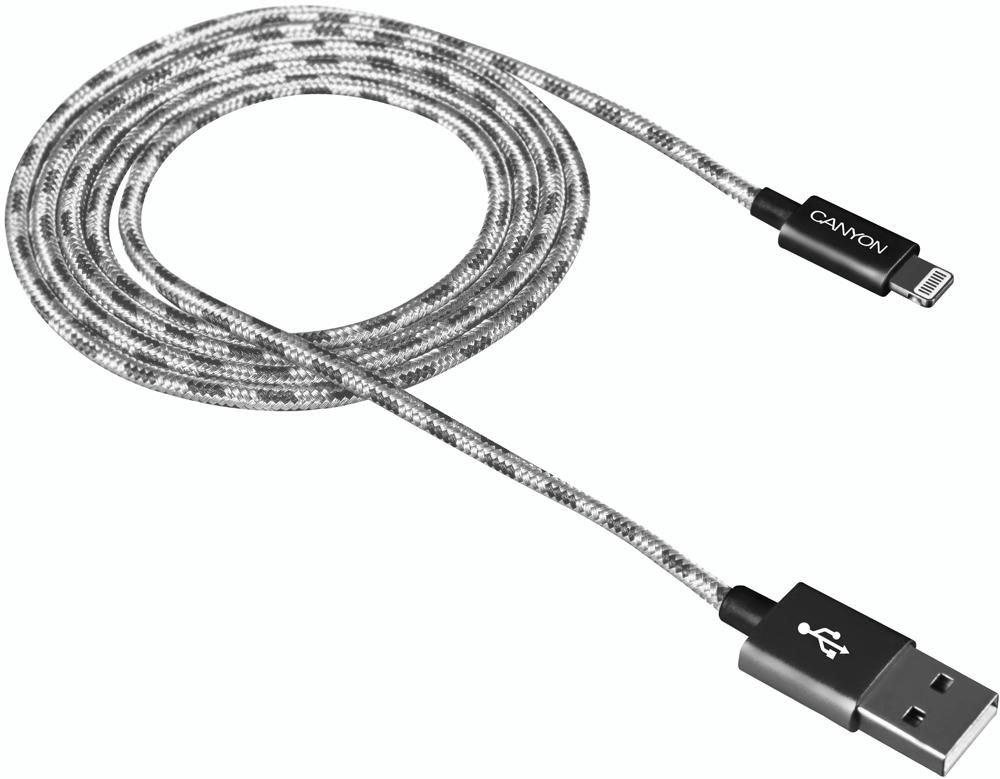 CANYON CFI-3 Lightning USB Cable for Apple, braided, metallic shell, cable length 1m, Dark gray, 14.9*6.8*1000mm, 0.02kg_1