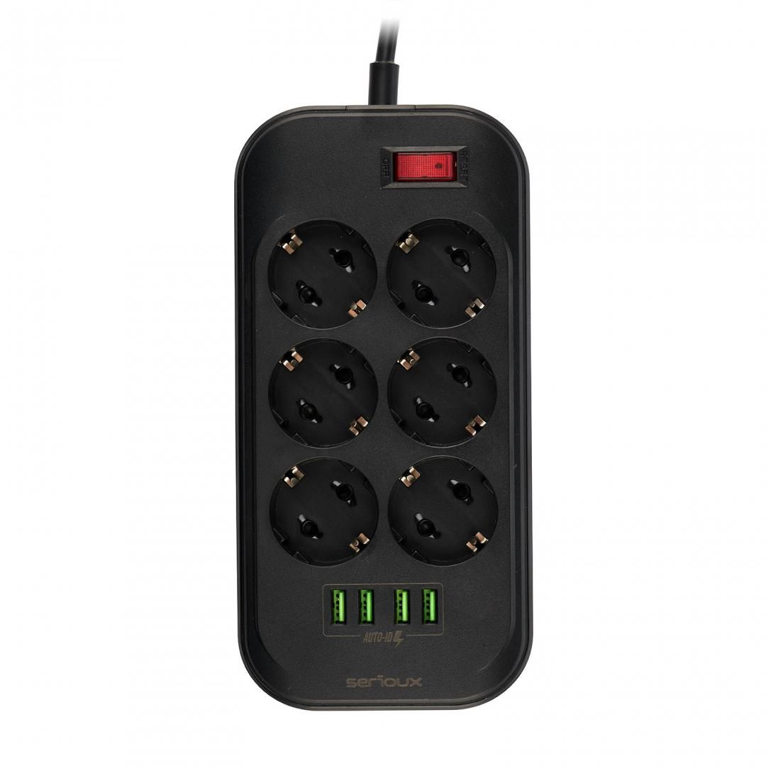 Prelungitor cu protectie Serioux, 6 prize schuko, input 100-240V, 50- 60Hz, output (Total): 2500W - 10A, 4 porturi USB, 4 porturi USB (5V- 3.1A) (Auto Max) 17W, Amperaj port USB (max) 3.4A, functie auto ID, antistatic, buton power/off, lungime cablu 2m,negru, SRXP-PS66B