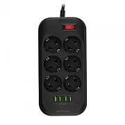 Prelungitor cu protectie Serioux, 6 prize schuko, input 100-240V, 50- 60Hz, output (Total): 2500W - 10A, 4 porturi USB, 4 porturi USB (5V- 3.1A) (Auto Max) 17W, Amperaj port USB (max) 3.4A, functie auto ID, antistatic, buton power/off, lungime cablu 2m,negru, SRXP-PS66B