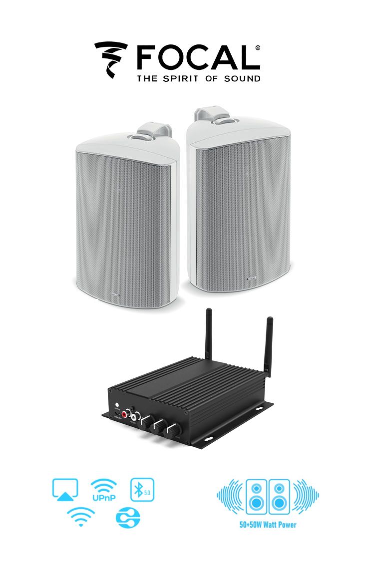 Pachet sonorizare premium de Terasa cu RAKOIT SA100 si 2 boxe FOCAL 100 OD6 Alb, WiFi Streaming, Bluetooth