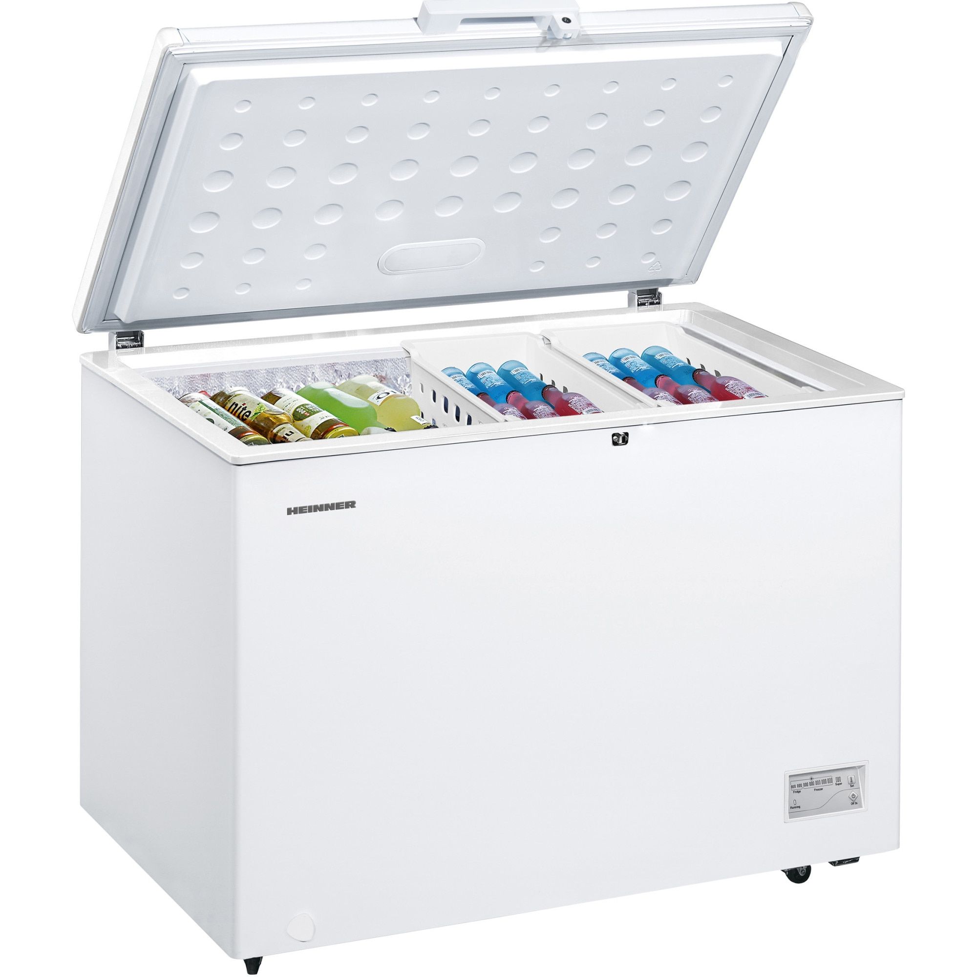 Lada frigorifica Heinner HCF-287CNHE++, convertibila, clasa energetica: E, capacitate totala: 287L, control electronic, rezistenta la frig (opereaza la temperaturi scazute: -15°C), rezistenta la variatii de tensiune 175~255V, display rezistent la apa, lumina LED,  functie congelare rapida, 2 cosuri