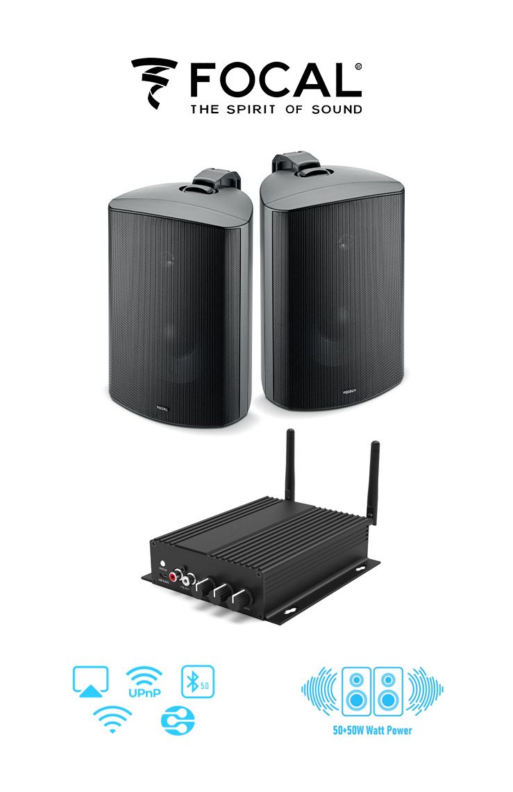 Pachet sonorizare premium de Terasa cu RAKOIT SA100 si 2 boxe FOCAL 100 OD8 Negre, WiFi Streaming, Bluetooth
