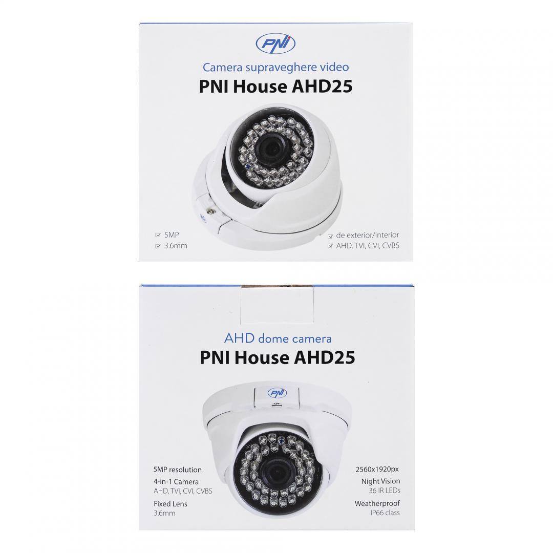 Camera supraveghere video PNI House AHD25 5MP, dome, lentila 3.6mm, 36 LED-uri IR, de exterior sau interior, IP66, Sistem TV: PAL, IR 25m, Dimensiuni: 100 X 105 X 75 mm, Rezolutie imagine: 2560 x 1920 px, Lentile: 3.6mm._1