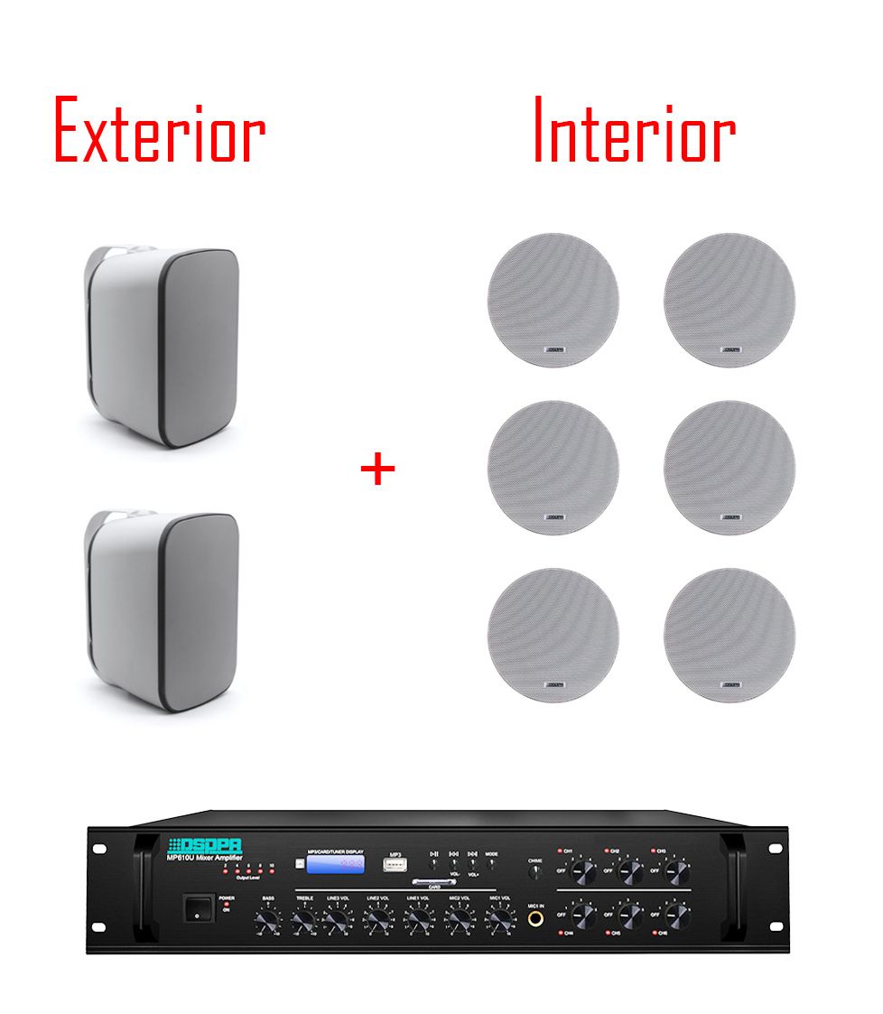 Pachet Sonorizare Restaurant 160W cu 6 boxe interior de tavan + 2 boxe exterior perete + amplificator 6 zone