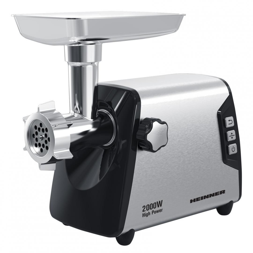 Masina de tocat Heinner HMG-Y2000SS, putere maxima: 2000W, angrenaj metalic si carcasa din aluminiu, functie reverse, cutit inox, 3 site metalice, accesorii carnati si kibbe, buton switch cu 2 viteze, capacitate tocare: ~3kg/min, carcasa inox