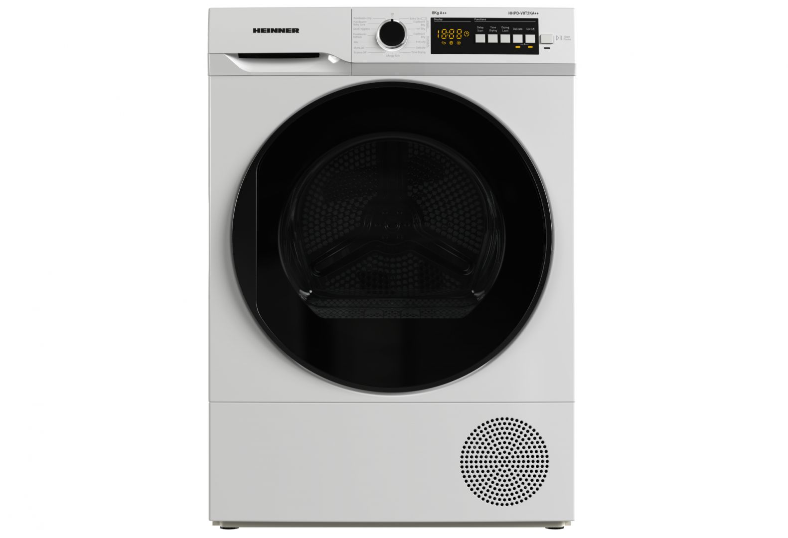 Uscator de rufe cu pompa de caldura Heinner HHPD-V8T2KA++, Capacitate incarcare 8kg, Clasa energetica A++, 15 programe de uscare, Display LED, Program rapid camasi 20 min, Program expres 34 min, Program Baby Care, Functie Start intarziat, Functie anti-sifonare, , Pure Beam+, Usa Reversibila, Lumina