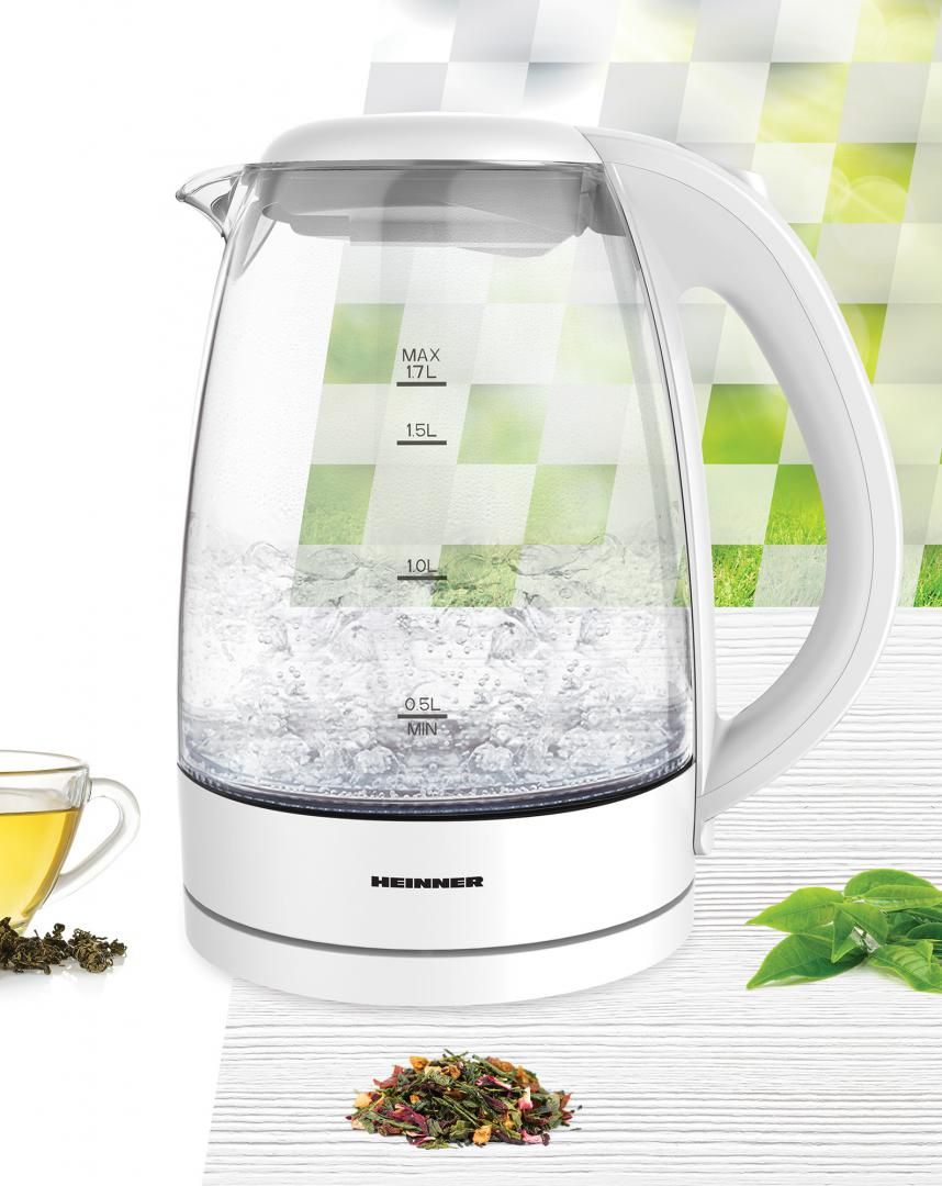 Fierbator Heinner Chaude HEK-2200GWH, capacitate: 1.7L, filtru detasabil, baza incalzire cu lumina LED, protectie impotriva functionarii fara apa, oprire automata, spatiu depozitare cablu alimentare, picioruse antialunecare, corp din sticla, putere: 1850-2200W