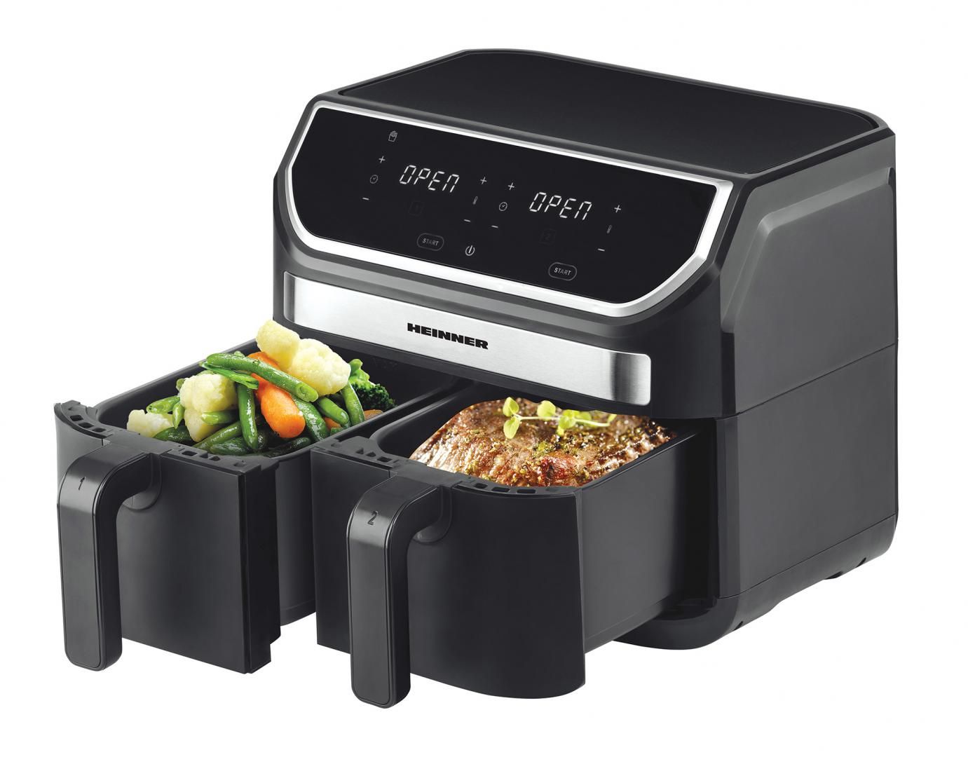 Friteuza dubla cu aer cald Heinner HAF-KDB1700BK, capacitate totala: 8.5L, putere: 1700W, doua cosuri detasabile antiaderente, tehnologie de circulare rapida a aerului, display digital cu control Touch, 11 programe presetate, temperatura 80-200 grade, timer 60 min, negru