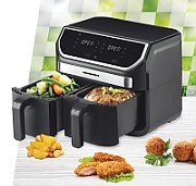 Friteuza dubla cu aer cald Heinner HAF-KDB1700BK, capacitate totala: 8.5L, putere: 1700W, doua cosuri detasabile antiaderente, tehnologie de circulare rapida a aerului, display digital cu control Touch, 11 programe presetate, temperatura 80-200 grade, timer 60 min, negru