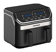 Friteuza dubla cu aer cald Heinner HAF-KDB1700BK, capacitate totala: 8.5L, putere: 1700W, doua cosuri detasabile antiaderente, tehnologie de circulare rapida a aerului, display digital cu control Touch, 11 programe presetate, temperatura 80-200 grade, timer 60 min, negru