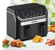 Friteuza dubla cu aer cald Heinner HAF-KDB1700BK, capacitate totala: 8.5L, putere: 1700W, doua cosuri detasabile antiaderente, tehnologie de circulare rapida a aerului, display digital cu control Touch, 11 programe presetate, temperatura 80-200 grade, timer 60 min, negru