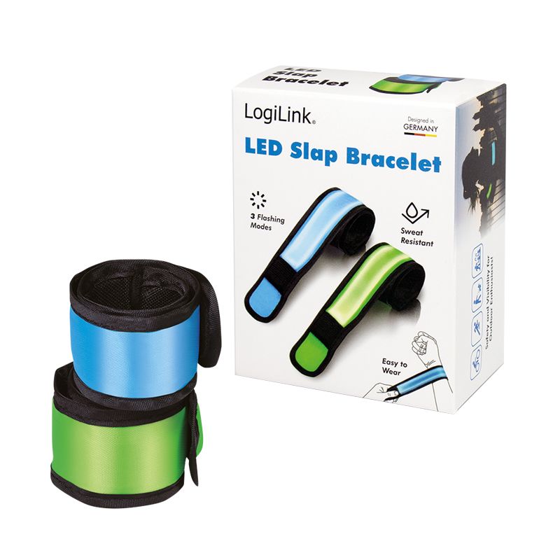 BRATARA LED LOGILINK, cu clips, 2 bucati, nailon, 3 moduri lumina, rezistent la apa, bat. CR2032, 34x4cm, 30g, albastru si verde, LED015 