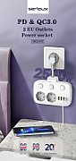 Prelungitor cu Protectie Serioux QC3.0. Parametri nominali: 2500W-10A(Max) 250V Intrare: AC100-250V 10A 50/60HZ Ieșire PD: 5V=3A 9V=2.22A 12V=1.67A 20W (MAX) Ieșire QC: 5V-3A 9V=2A 12V=1.5A 18W (MAX) Ieșire Auto-ID: 5V-2.4A 12W (MAX) Putere totală: 20W MAX