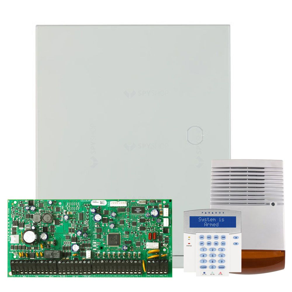 Centrala Pardox EVO 192 8 intrări de zonă pe placă (16 cu ATZ), extensibila la 192 zone via BUS cu 4 fire PGM: 250 (5 ieşiri PGM pe placă), declanşare +/- 254 module extensie 999 coduri utilizator 8 partiţii memorie 2048 evenimente 999 telecomenzi cu un RTX3 actualizare firmware local via