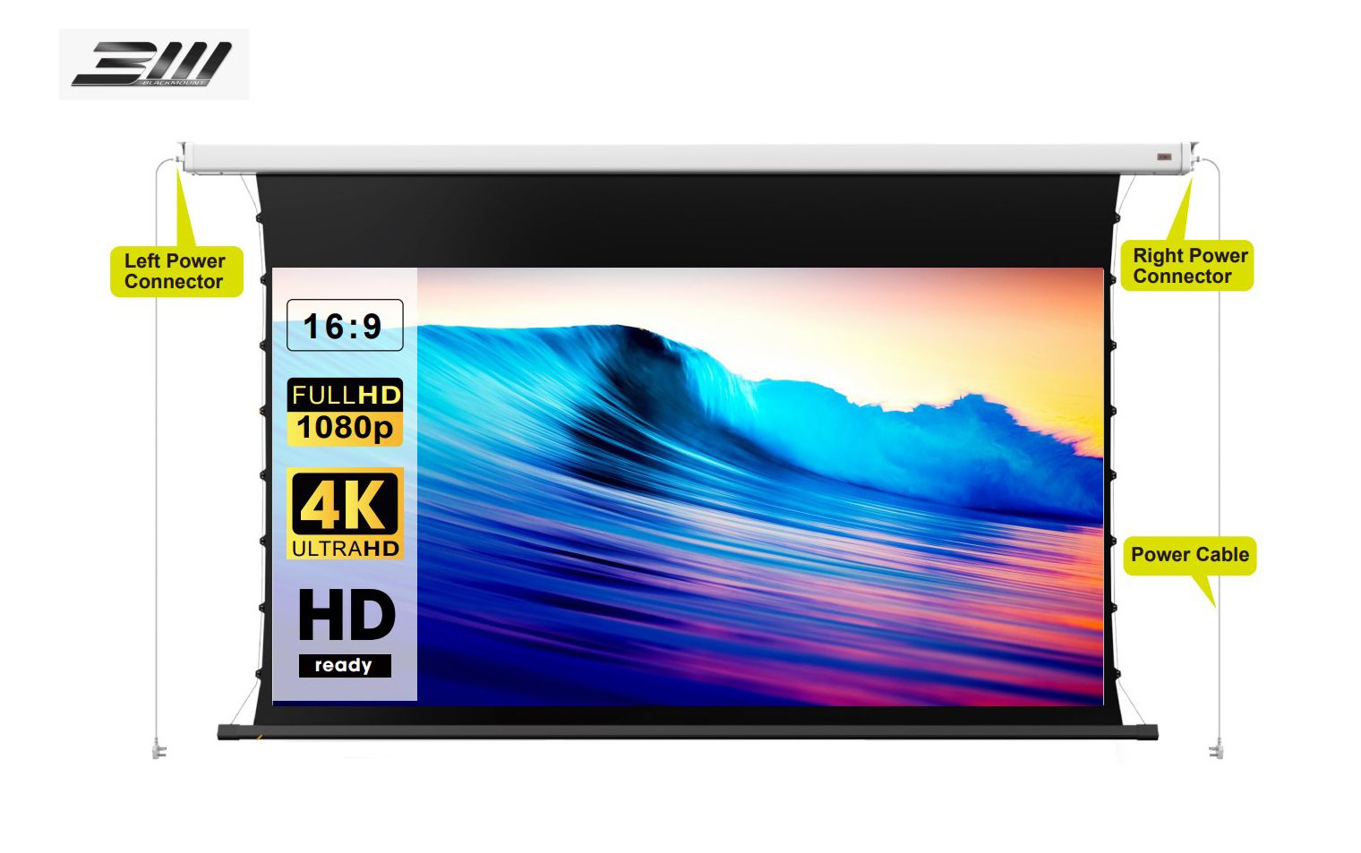 Ecran de proiectie electric tensionat de perete/tavan Blackmount, 266x150 cm, Format 16:9