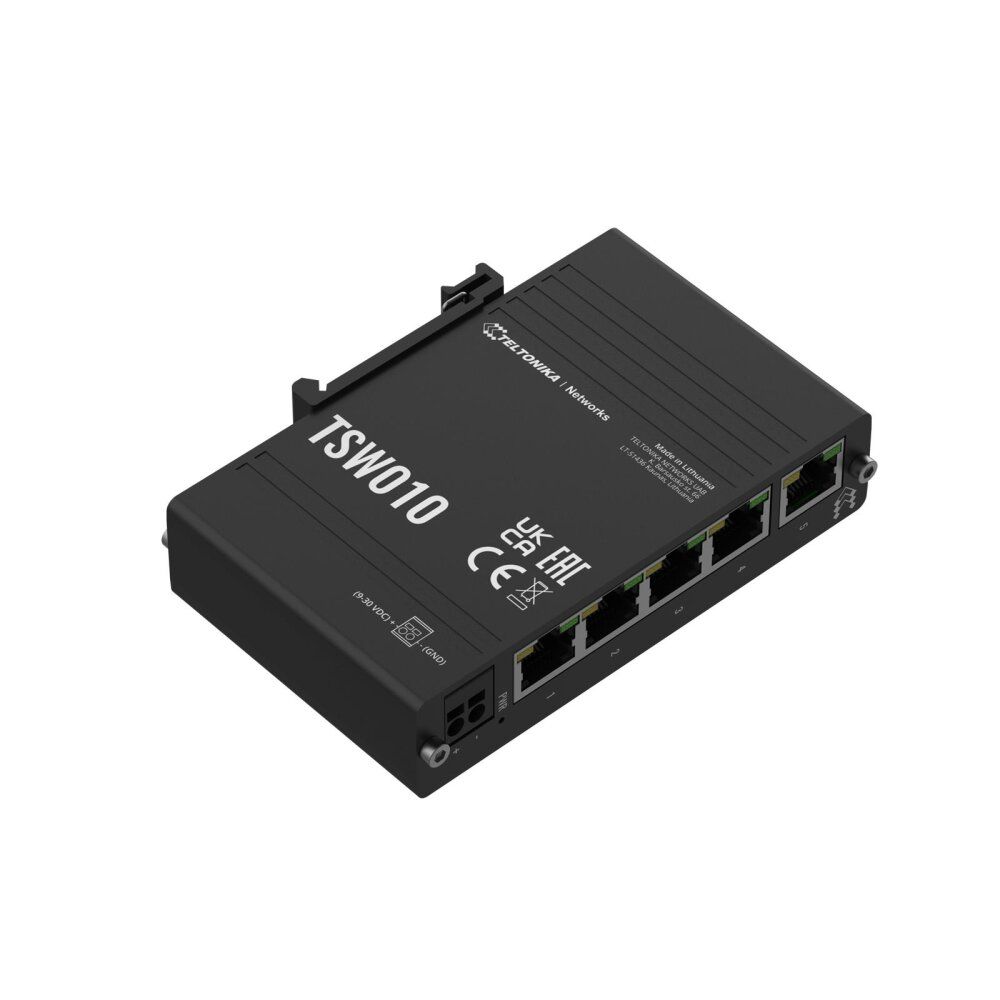 TELTONIKA INDUSTRIAL 5PORT SWITCH TSW010, Interfata: 5 x ETH port, 10/100 Mbps, supports auto MDI/MDIX crossover, Standarde retea: 802.3i, 802.3u, 802.3x, 802.3az, Latime de banda: 1 Gbps, Carcasa aluminiu, Dimensiuni: 113.1 x 27.4 x 80.5 mm, Greutate: 146.5 g, IP30