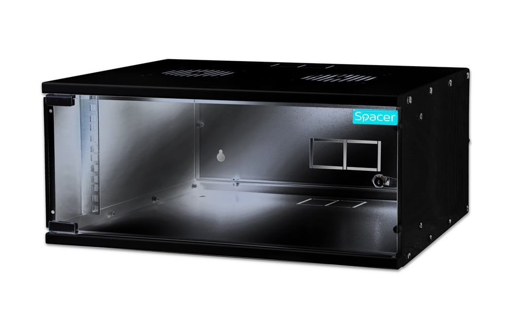 CABINET 19  SPACER     4U 600x600mm, fixare pe perete, Flatpack (dezasamblat),  Black, usa sticla cu blocare, panouri detasabile, otel 1.5mm, sarcina maxima 60Kg,  SPCW-4U-600-BK-03 