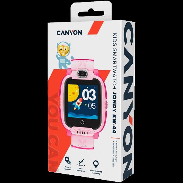 CANYON Jondy KW-44, Kids smartwatch, 1.44''IPS colorful screen 240*240,  ASR3603S, Nano SIM card, 192+128MB, GSM(B3/B8), LTE(B1.2.3.5.7.8.20) 700mAh battery, built in TF card: 512MB, GPS,compatibility with iOS and android, Pink, host: 53.3*43.5*16mm strap: 230*20mm, 48g