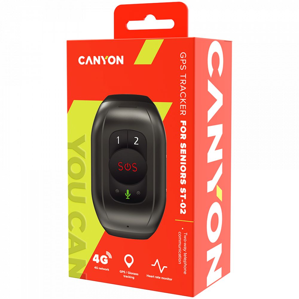CANYON ST-02, Senior Tracker, UNISOC 8910DM, GPS function, SOS button, IP67 waterproof, single SIM, 32+32MB, GSM(850/900/1800/1900MHz), 4G Brand(1/2/3/5/7/8/20), 1000mAh, compatibility with iOS and android, Black, host: 65*42*20mm, strap: 20wide*240mm, 73g_1