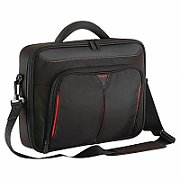 Geanta laptop Targus Classic Clamshell, pentru laptopuri de 14  sau mai mici, material poliester, dimensiuni: 38 x 7 x 34 cm, dimensiune compartiment laptop: 34.9 x 2.5 x 24.9 cm, greutate 0.56 kg, negru/rosu