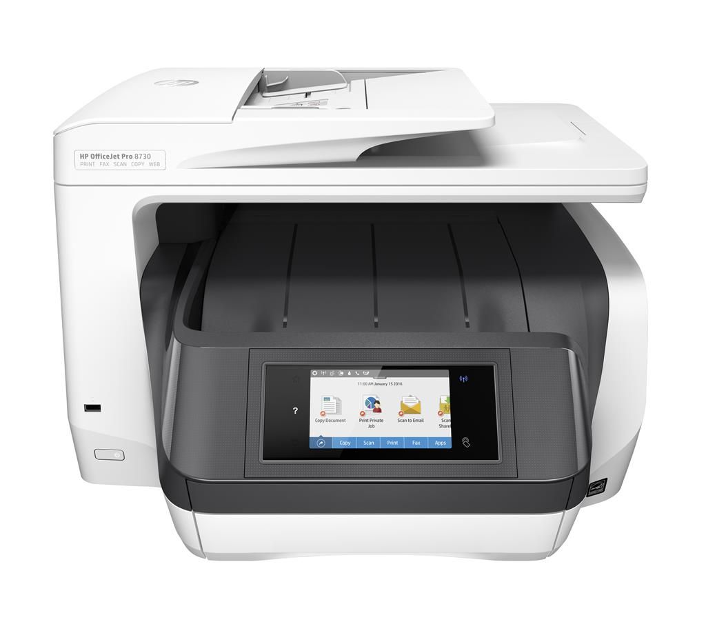Imprimanta inkjet color HP OfficeJet Pro 8730, A4, duplex, ADF, USB 2.0, Wi-Fi, 20 ppm negru, 24 ppm color