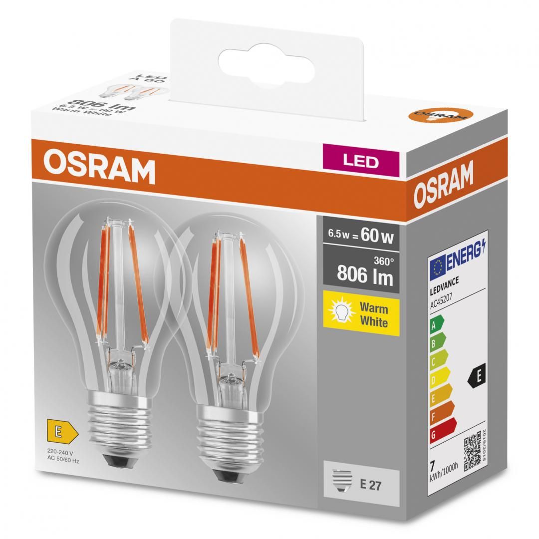 2 Becuri LED Osram Base Classic A, E27, 6.5W (60W), 806 lm, lumina calda (2700K), cu filament_1