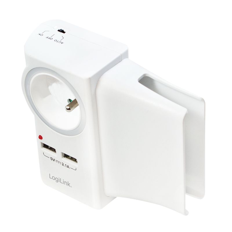 ADAPTOR LOGILINK, Socket tip E x 1, USB x 2 5V/2.1A, 230V, 50 Hz, max. 16A, IP20, suport telefon/tableta, iluminare LED, alb 