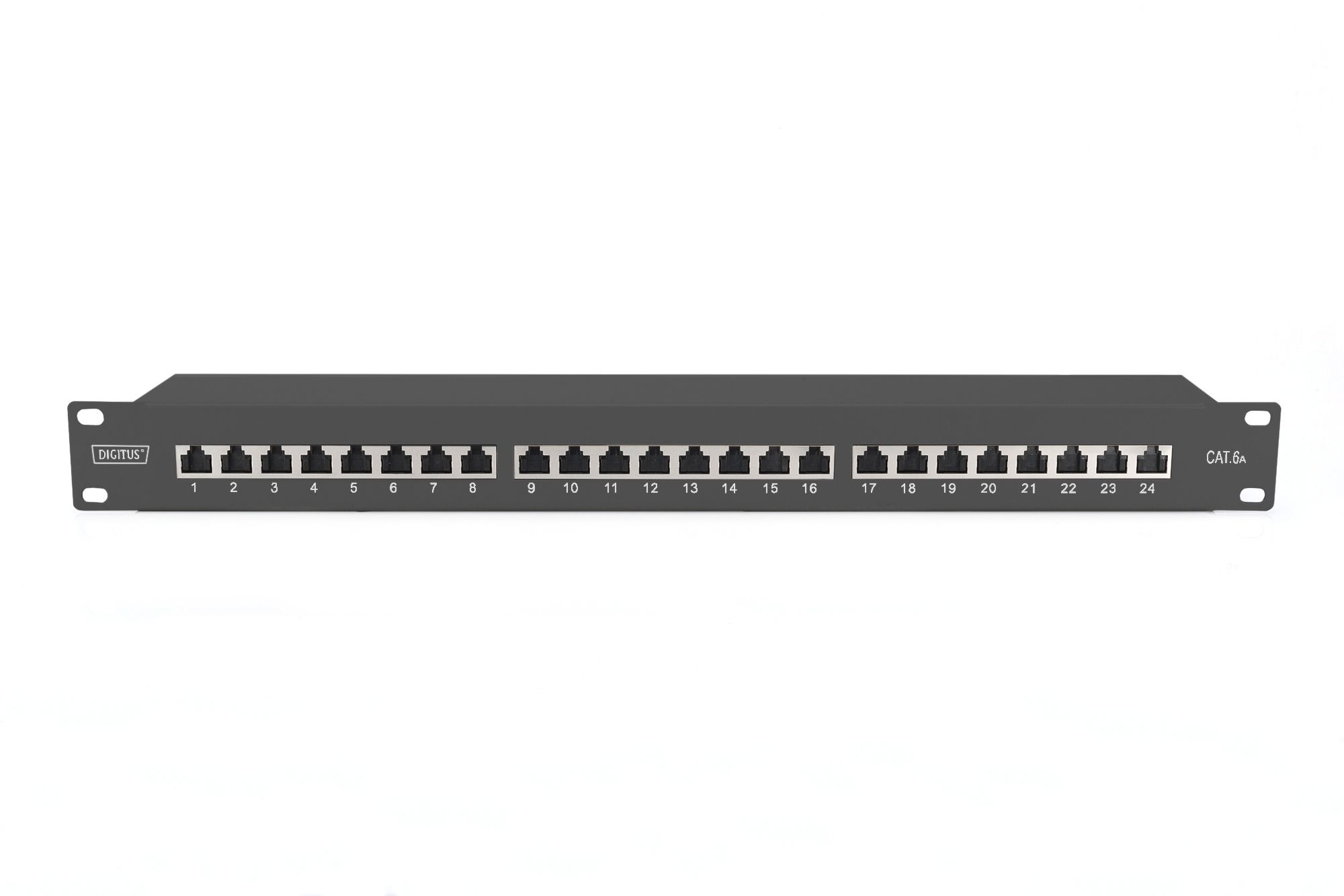 CAT 6A Patch Panel, shielded, 1U, 24-port, 8P8C, bl RAL 9005, 483 mm (19 ) / 482.6x44x109