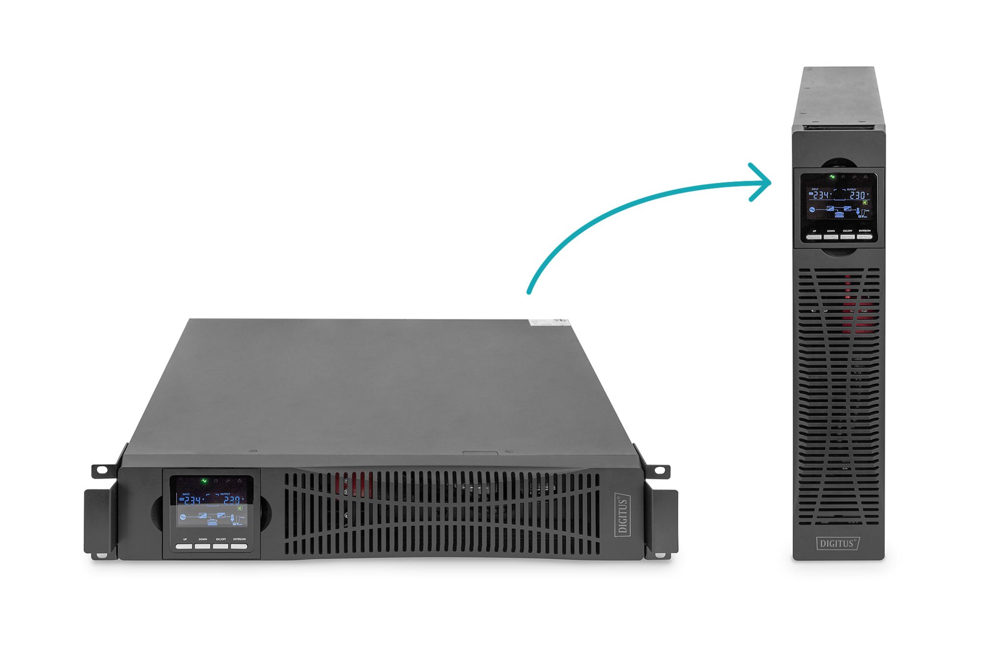 UPS Digitus DN-170094, 1500 VA, 1500 W, cu management, on-line double-conversion, 8x C13, 1x C14, 1x RJ45, 1x USB, 12.0V/9.0Ah LCD, Tower/Rack 2U, Gri