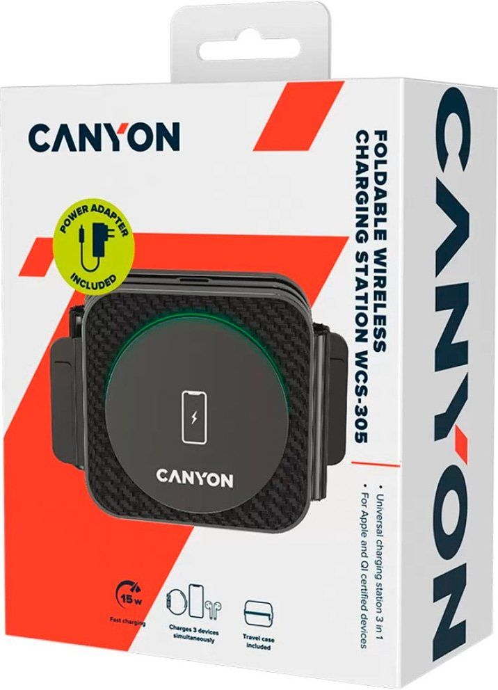 CANYON WS-305, Foldable 3in1 Wireless charger with case, touch button for Running water light, Input 9V/2A,  12V/1.5AOutput 15W/10W/7.5W/5W, Type c to USB-A cable length 1.2m, with charger QC 18W EU plug, Fold size: 97.8*72.4*25.2mm. Unfold size: 272_1