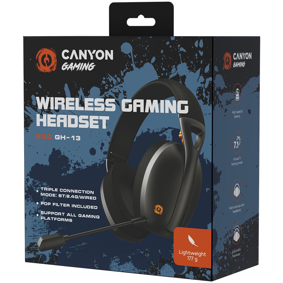 CANYON Ego GH-13, Gaming BT headset, +virtual 7.1 support in 2.4G mode, with chipset BK3288X, BT version 5.2, cable 1.8M, size: 198x184x79mm, Black_1