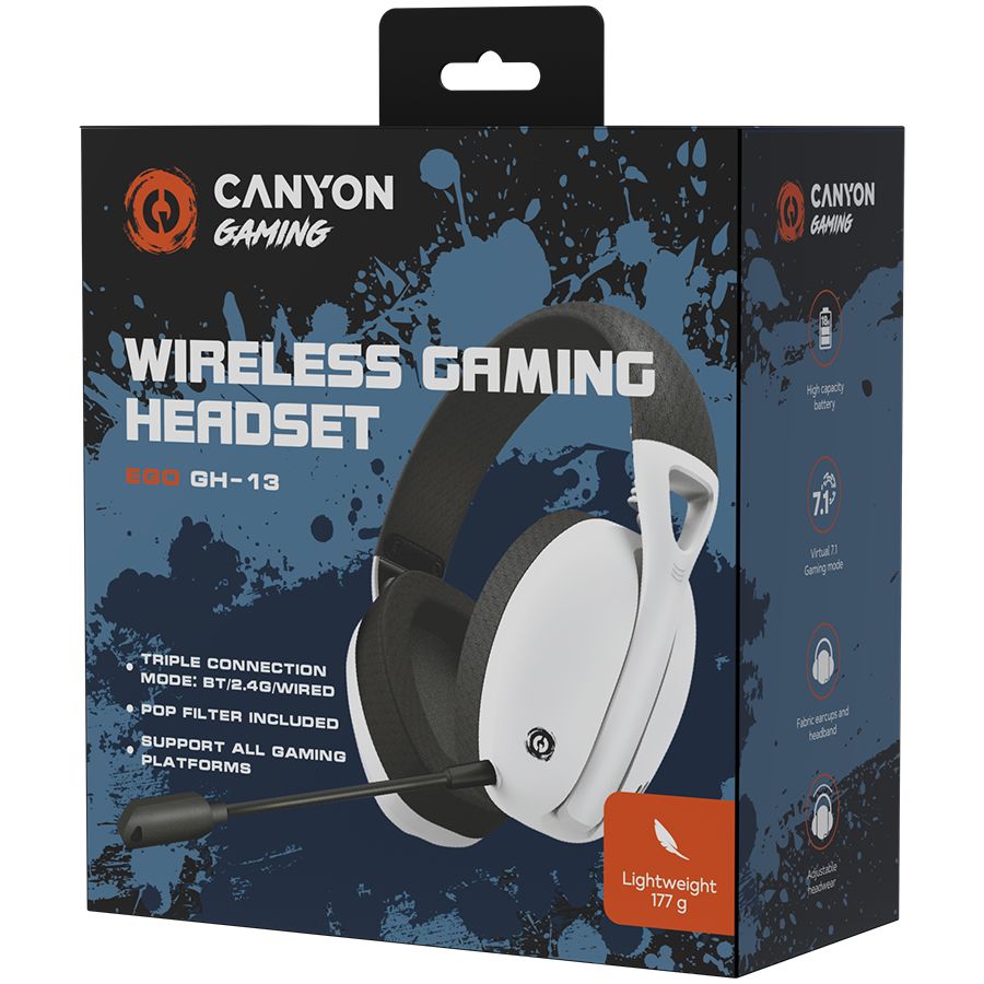 CANYON Ego GH-13, Gaming BT headset, +virtual 7.1 support in 2.4G mode, with chipset BK3288X, BT version 5.2, cable 1.8M, size: 198x184x79mm, White_2