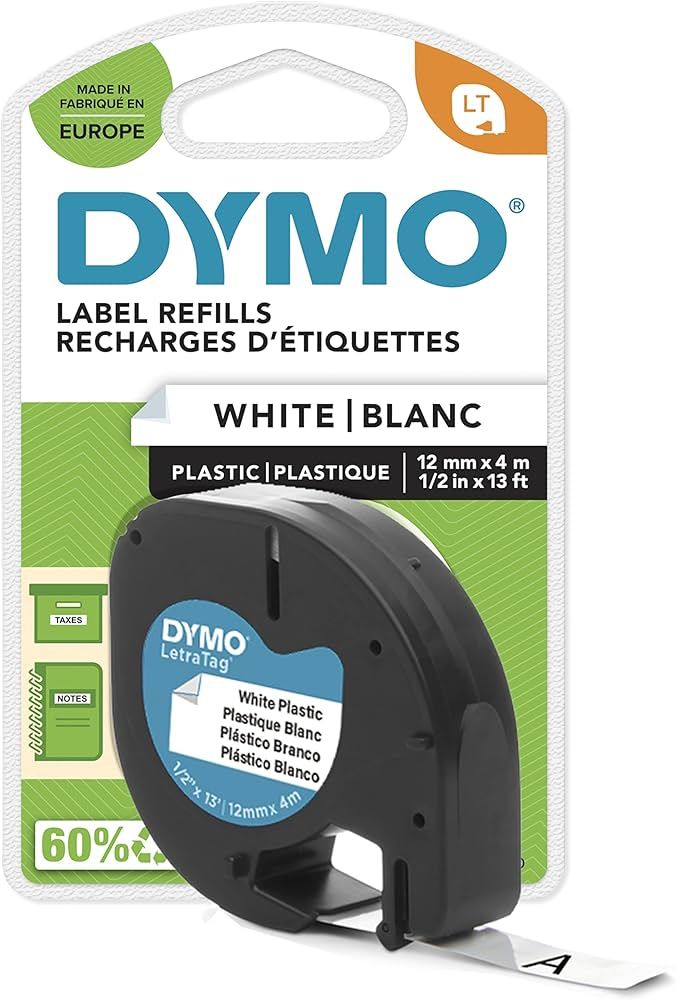 LT-TAPE 12MM/4M/BLACK ON WHITE PLASTIC